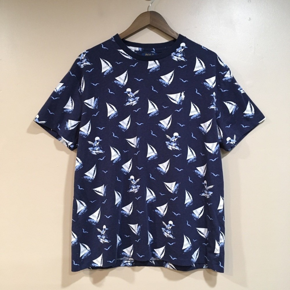 Polo Ralph Lauren Sailboat Print T-Shirt Mens L Navy Nautical Preppy Pony Resort